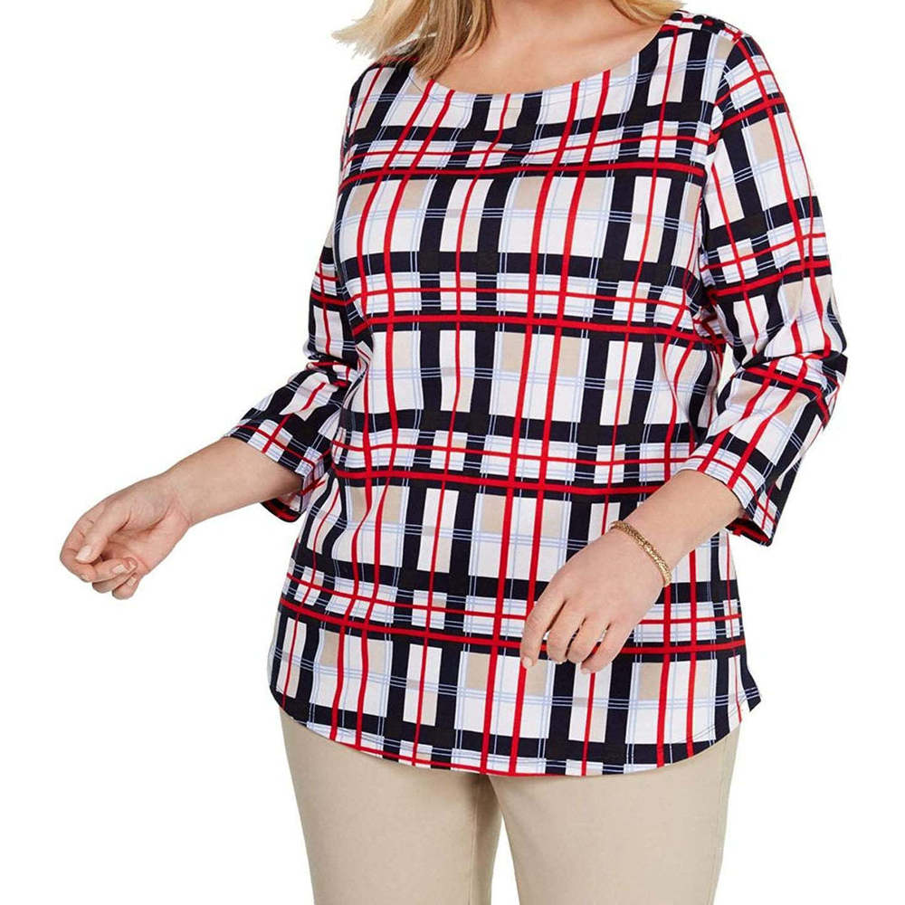 Charter Club Womens Plus Size Cotton Plaid Boat Neck Top Size 2X